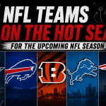 Graphic featuring five NFL teams under pressure for the upcoming NFL season: the Cowboys, Bills, Bengals, Lions and Patriots.