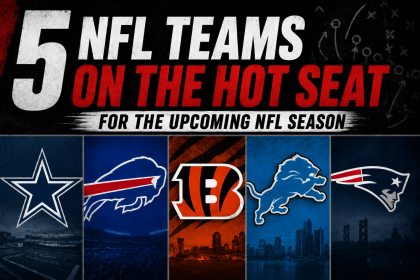 Graphic featuring five NFL teams under pressure for the upcoming NFL season: the Cowboys, Bills, Bengals, Lions and Patriots.