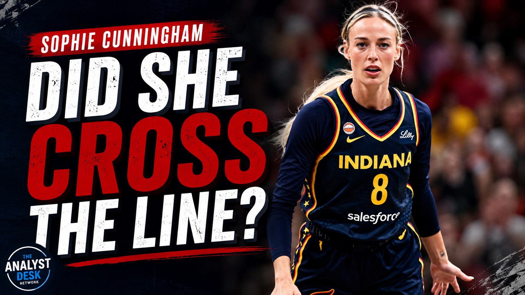 Sophie Cunningham of the Indiana Fever featured alongside the headline “Did She Cross the Line?” for an opinion piece about her viral pregame moment.
