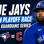 Toronto Blue Jays playoff race graphic ahead of their series against the Cleveland Guardians, featuring Vladimir Guerrero Jr. and The Analyst Desk logo.