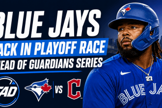Toronto Blue Jays playoff race graphic ahead of their series against the Cleveland Guardians, featuring Vladimir Guerrero Jr. and The Analyst Desk logo.