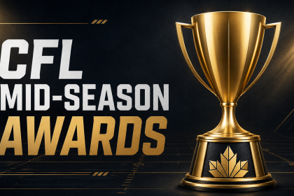 Gold trophy graphic with the text “CFL Mid-Season Awards” on a dark football-field background.