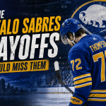 Buffalo Sabres featured image showing Tage Thompson on the ice with the headline “Why the Buffalo Sabres Could Miss the Playoffs.”
