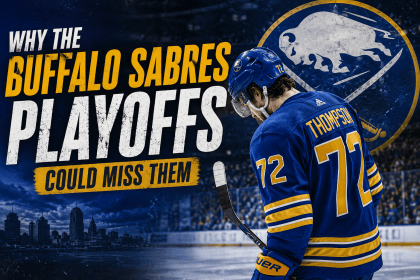 Buffalo Sabres featured image showing Tage Thompson on the ice with the headline “Why the Buffalo Sabres Could Miss the Playoffs.”