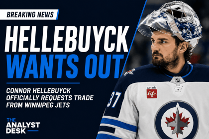 Connor Hellebuyck trade request graphic featuring the Winnipeg Jets goaltender with the headline “Hellebuyck Wants Out” and The Analyst Desk branding.