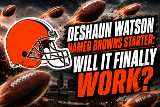 Cleveland Browns helmet with footballs flying through the air and text reading “Deshaun Watson Named Browns Starter: Will It Finally Work?”