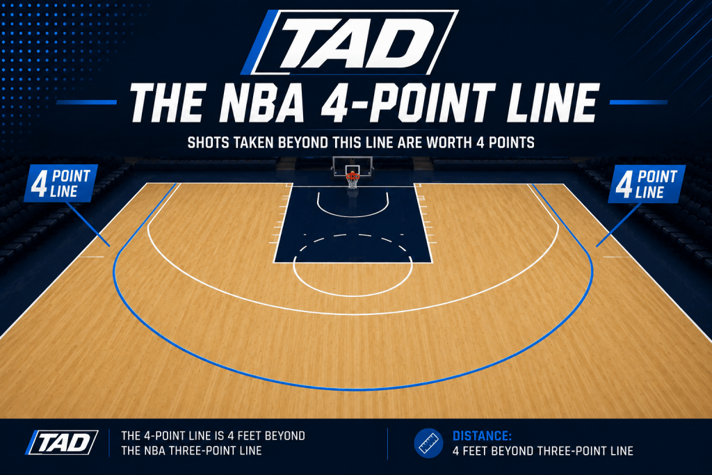 TAD graphic showing a proposed NBA four-point line placed beyond the traditional three-point line on a basketball court.