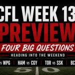 CFL Week 13 Preview featured image highlighting four big questions and the Montreal vs. Winnipeg, Hamilton vs. Calgary, Toronto vs. Saskatchewan and BC vs. Ottawa matchups.