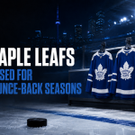 Three Toronto Maple Leafs jerseys hang beside the ice with the Toronto skyline and the title “3 Maple Leafs Poised for Bounce-Back Seasons.”