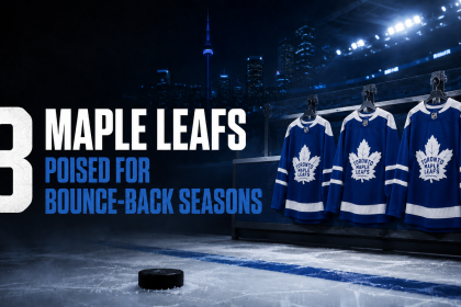 Three Toronto Maple Leafs jerseys hang beside the ice with the Toronto skyline and the title “3 Maple Leafs Poised for Bounce-Back Seasons.”