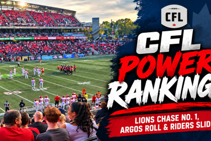 FL Power Rankings graphic featuring a CFL stadium with the headline “Lions Chase No. 1, Argos Roll & Riders Slide.”