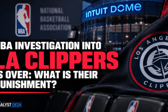 LA Clippers logo outside Intuit Dome with NBA branding and text reading “NBA Investigation Into LA Clippers Is Over: What Is Their Punishment?”