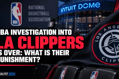 LA Clippers logo outside Intuit Dome with NBA branding and text reading “NBA Investigation Into LA Clippers Is Over: What Is Their Punishment?”