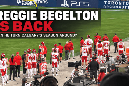 Calgary Stampeders players on the sideline with text reading “Reggie Begelton Is Back: Can He Turn Calgary’s Season Around?