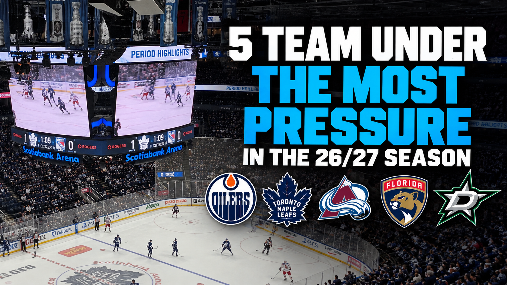 Five NHL teams under the most pressure in the 2026-27 season, featuring the Oilers, Maple Leafs, Avalanche, Panthers and Stars.