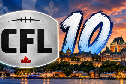 CFL expansion Quebec City graphic featuring the CFL logo, Quebec City skyline and number 10