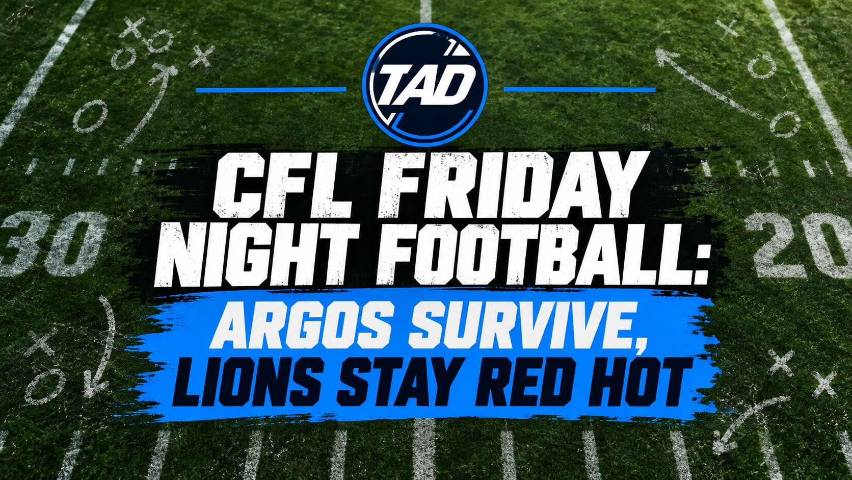 The Analyst Desk CFL Friday Night Football graphic featuring a football field background with the TAD logo and the headline “Argos Survive, Lions Stay Red Hot.”