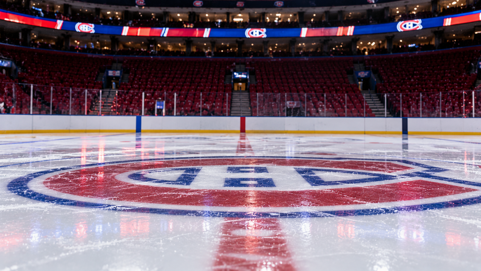 Montreal Canadiens logo at centre ice inside the Bell Centre ahead of an NHL game.