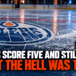 Edmonton Oilers season opener graphic with the Oilers logo, hockey net and puck on the ice.