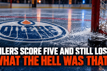 Edmonton Oilers season opener graphic with the Oilers logo, hockey net and puck on the ice.