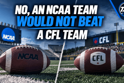 NCAA team vs CFL team graphic debating whether a college football team could beat a professional CFL team.