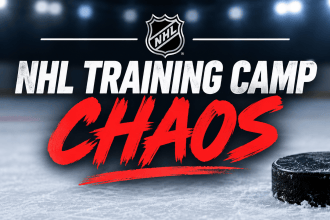 NHL Training Camp Chaos featured image with an NHL logo, bold white and red text, and a hockey puck on the ice.
