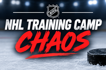 NHL Training Camp Chaos featured image with an NHL logo, bold white and red text, and a hockey puck on the ice.