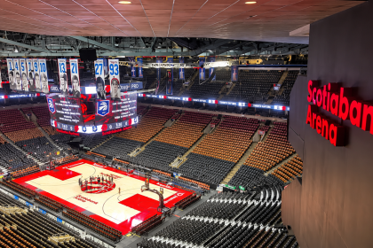 Toronto Raptors court inside Scotiabank Arena in Toronto before a game.