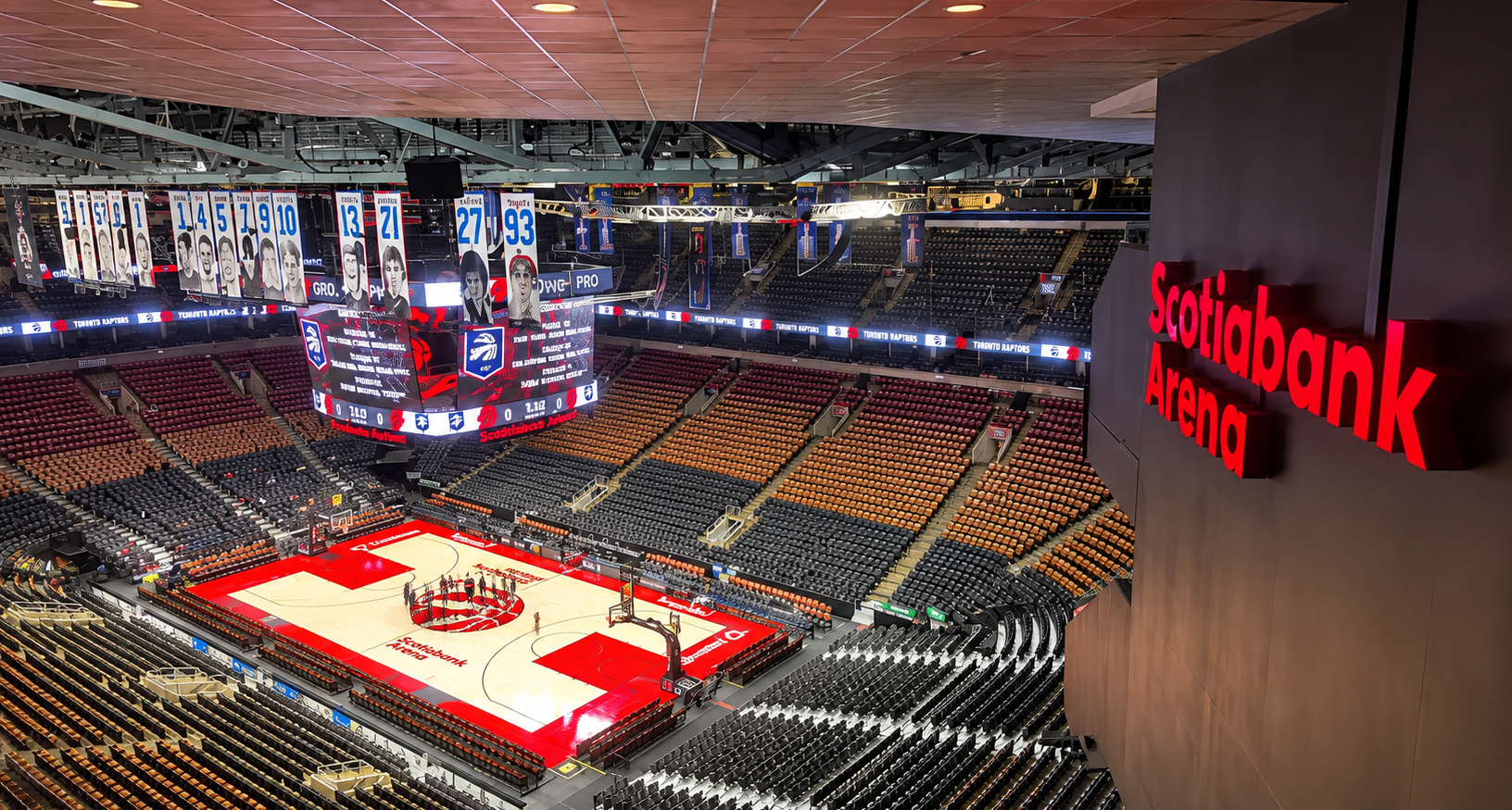 Toronto Raptors court inside Scotiabank Arena in Toronto before a game.