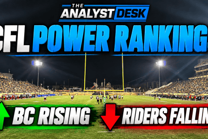 CFL Power Rankings featured image from The Analyst Desk, showing a nighttime football game at Hamilton's Tim Hortons Field with the headline “BC Rising, Riders Falling.”