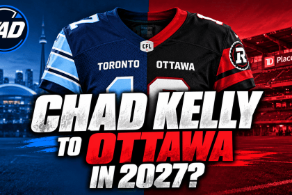 Chad Kelly to Ottawa in 2027? Split Toronto Argonauts and Ottawa REDBLACKS jersey with team colours, stadium backgrounds, and The Analyst Desk logo.