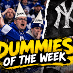 Dummies of the Week featured image showing frustrated Toronto Maple Leafs fans and a New York Yankees player wearing dunce caps.